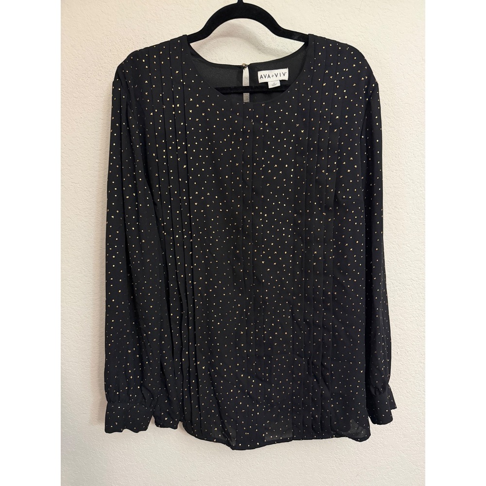 Ava & Viv Womens 1X Black Gold Foil Pin Dot Pleated Chiffon Blouse Long Sleeve